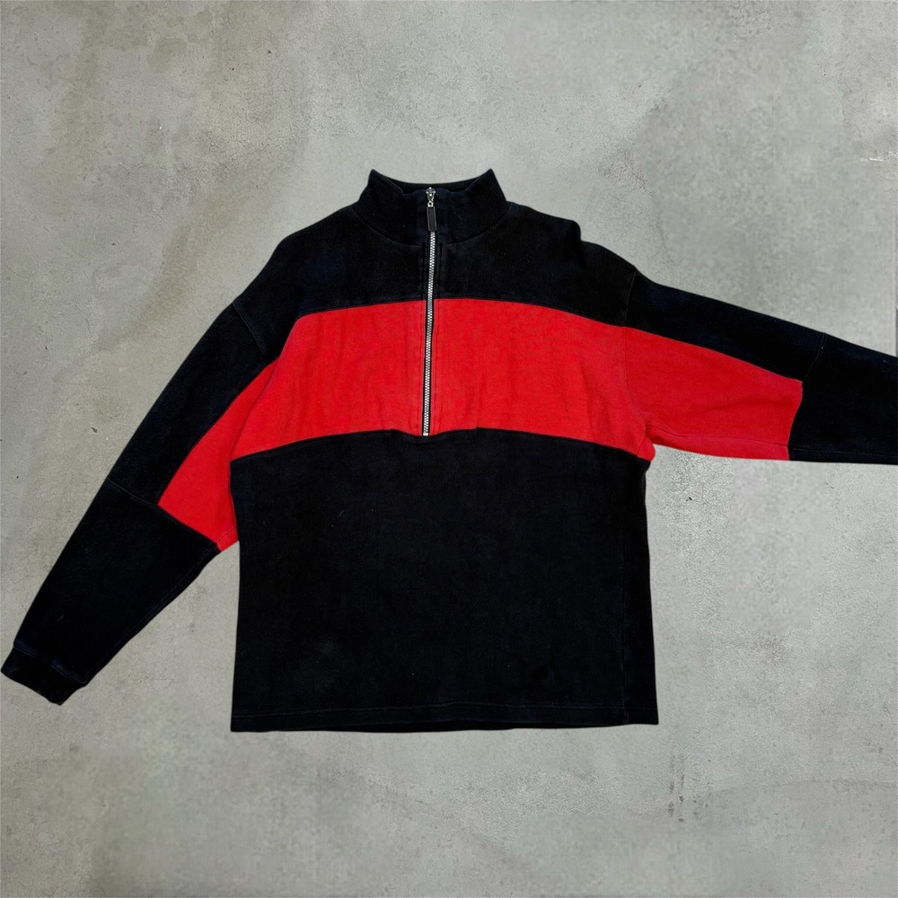 Vintage Colorblock Quarter Zip Pullover Black Red Ribbed Cotton Sweatshirt L